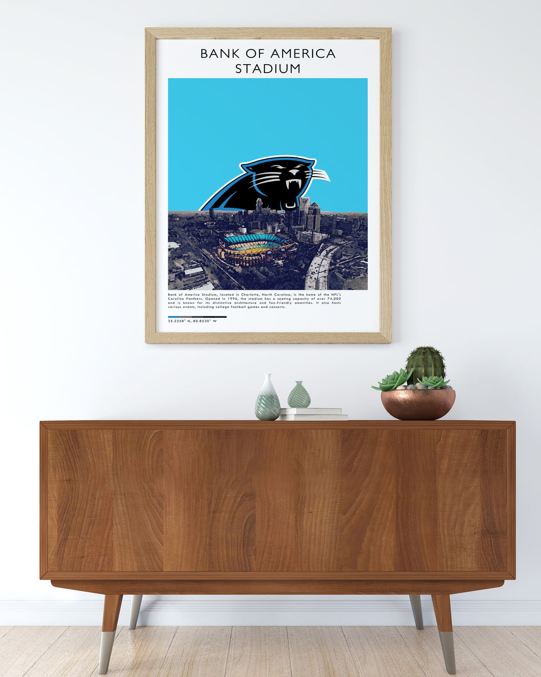 Elegant Carolina Panthers artwork with minimalist lines capturing the essence of the stadium perfect for enhancing sports office art or as a thoughtful fan gift poster for special occasions.