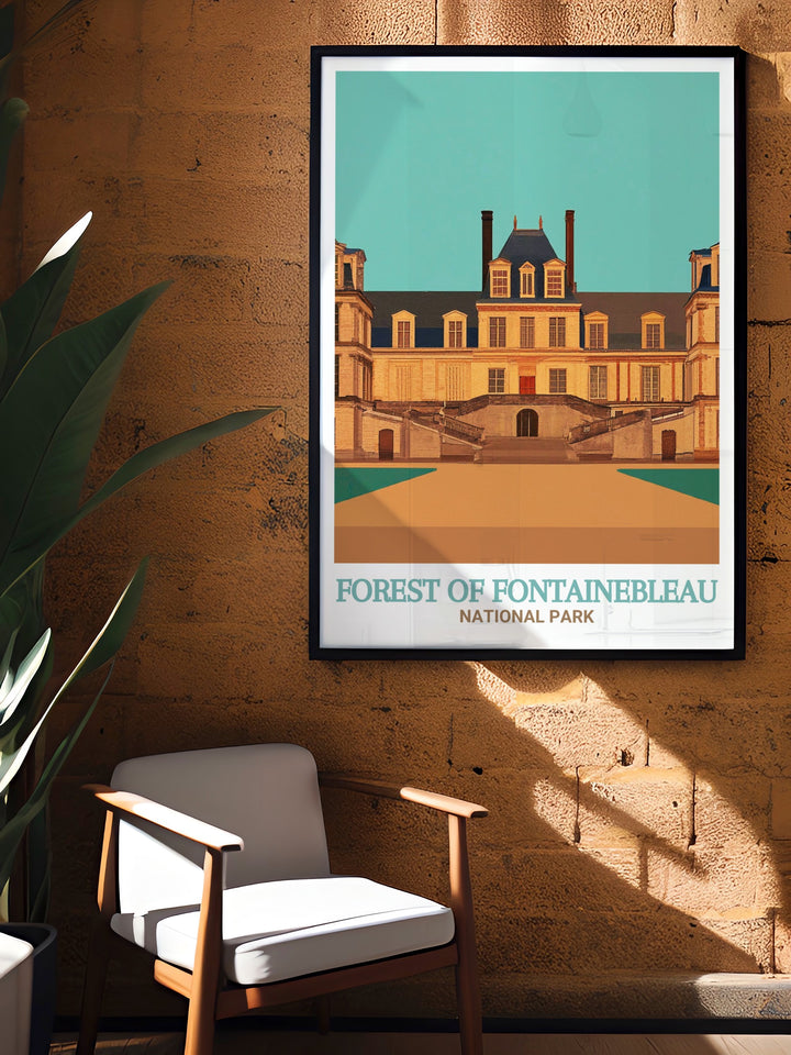 Fontainebleau travel art highlights the serene beauty of one of Frances most famous landscapes. With its lush greenery, towering trees, and historic rock formations, this artwork is perfect for lovers of French nature and outdoor adventures. Bring the essence of the French countryside into your home with this elegant piece.