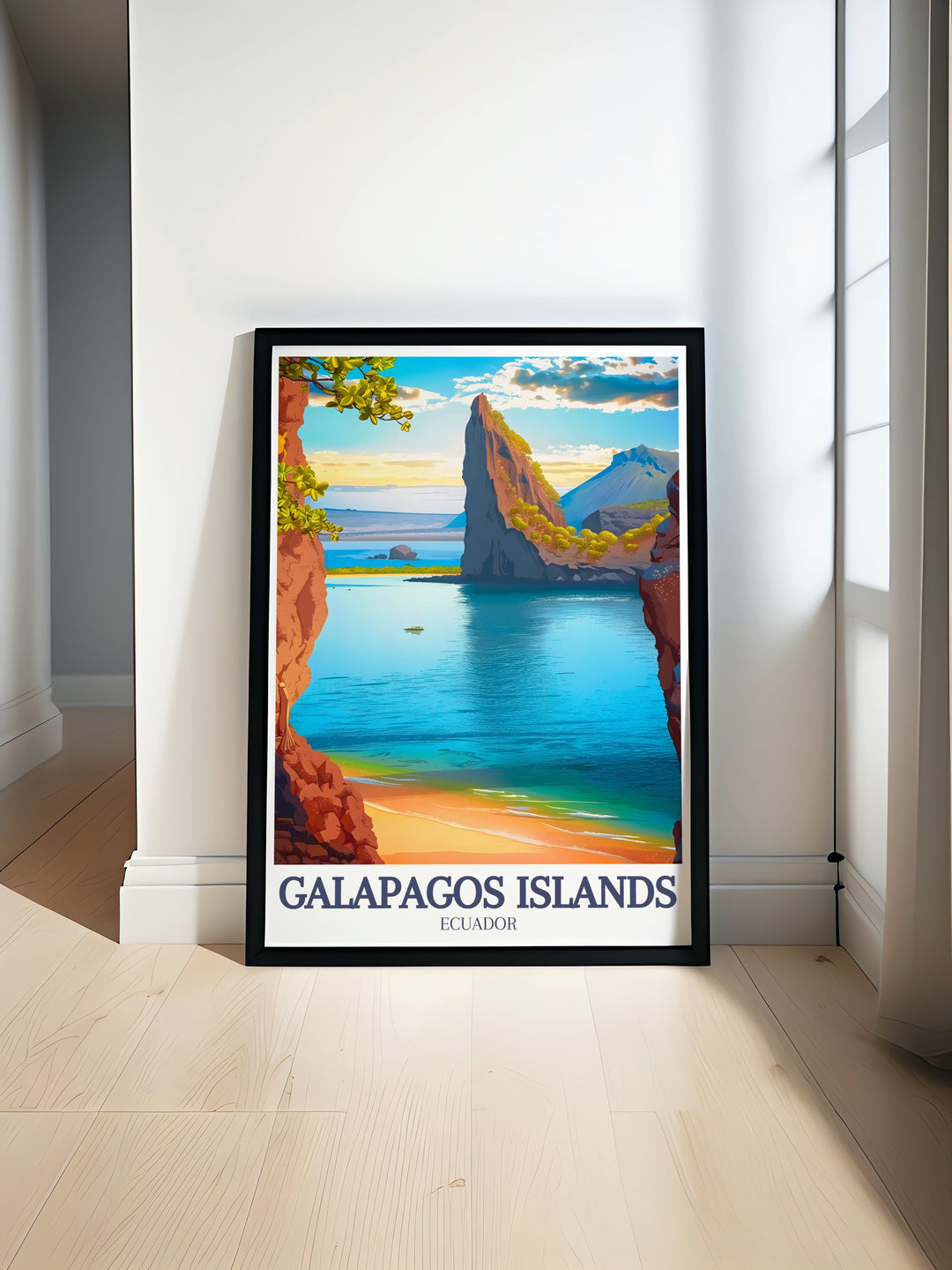 Ecuador print featuring Pinnacle Rock and Bartolomé Island in the Galapagos Islands. This vibrant artwork highlights the unique volcanic formations and picturesque beaches of Ecuadors natural wonder, making it ideal for wall art or as a gift for travel enthusiasts.