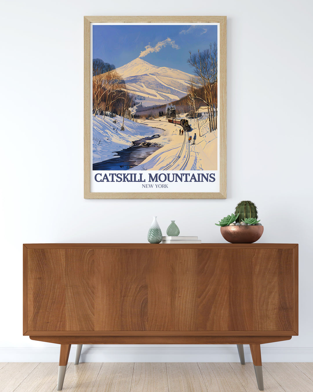 Hunter Mountain artwork with the Catskill Mountain Railroad captures the rugged beauty of New York State. These travel prints are perfect for home decor, offering a stunning view of nature and history for lovers of wall art.