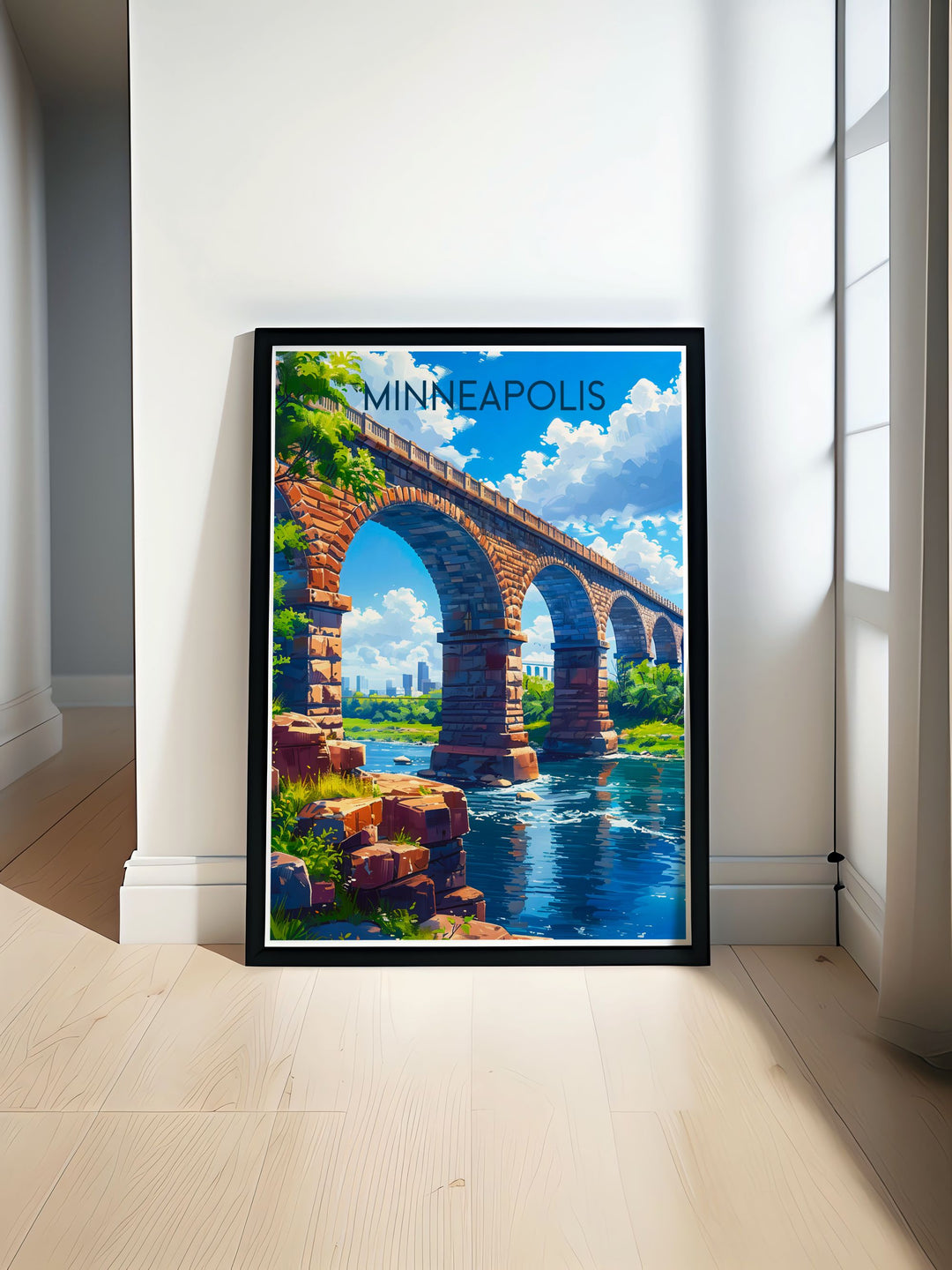 Featuring the iconic skyline and historic bridge of Minneapolis, this poster showcases the citys inviting landscapes, perfect for those who cherish urban and historic destinations.