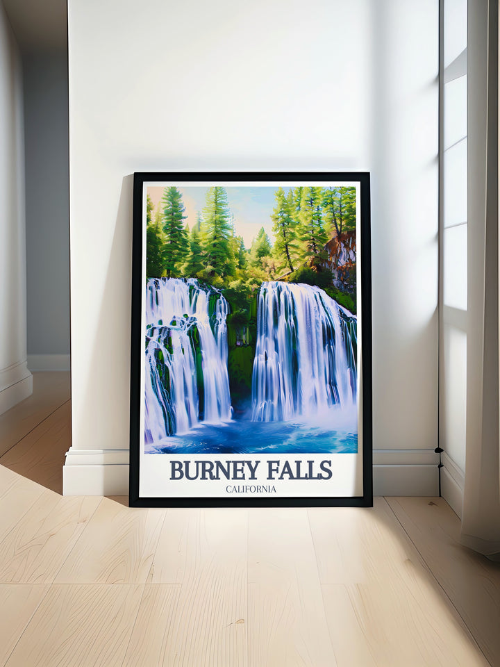 A beautiful Burney Falls Art Print from McArthur Burney Falls Memorial State Park California featuring the stunning waterfall perfect for adding a touch of nature to your living room decor or as a unique California travel gift for friends and family.