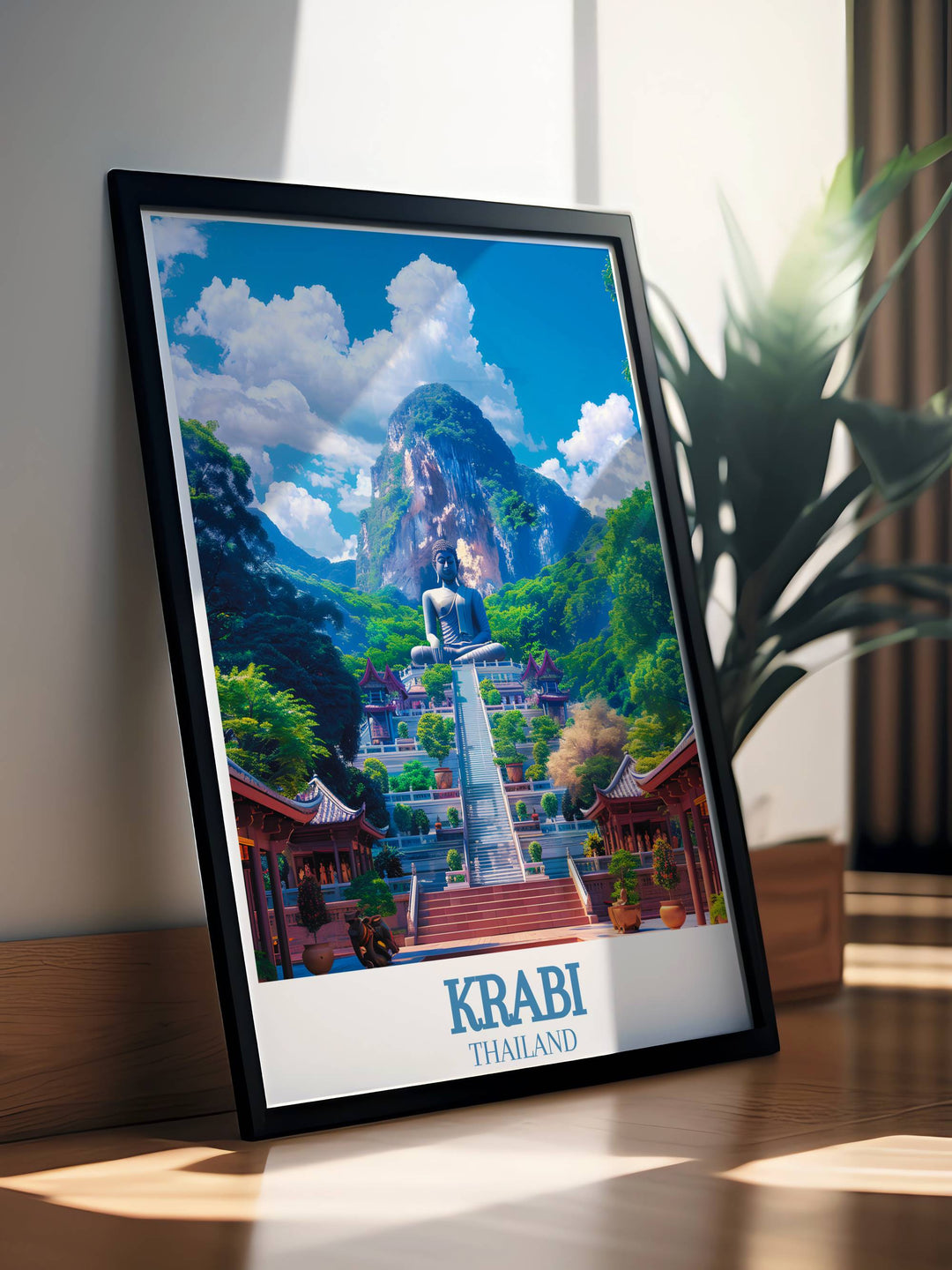 Add a touch of paradise to your home with this stunning wall art print of Krabi Island and Tiger Cave Temple featuring breathtaking beach scenes and tranquil temple landscapes ideal for home decor and as a special travel gift.