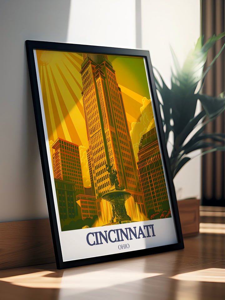 Beautiful city art print of Carew Tower and Tyler Davidson Fountain highlighting Cincinnatis iconic landmarks an ideal piece for city enthusiasts and art lovers looking to enhance their home decor