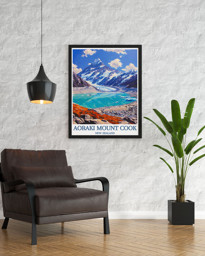 Elegant poster of Aoraki Mount Cook and Lake Pukaki, using minimalistic lines and soothing colors to depict the tranquil and awe inspiring scenery of New Zealand.