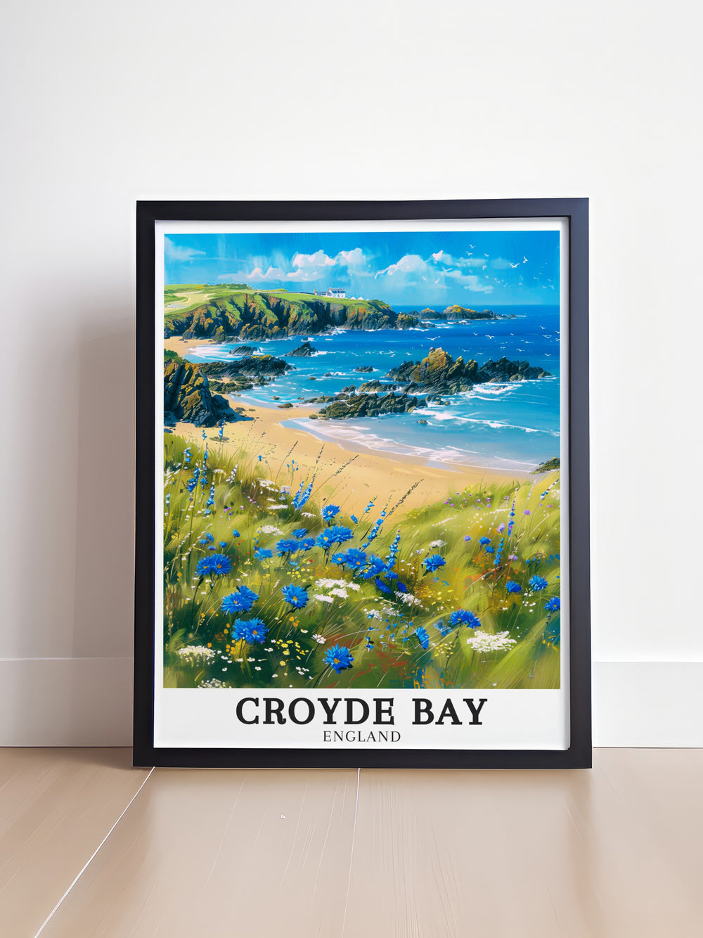 This Croyde Bay poster print beautifully captures the iconic golden sands and blue waters of North Devons coastline. With Baggy Point and the North Devon AONB as its scenic backdrop, this travel poster brings the beauty of one of the UKs most beloved coastal areas into your home.