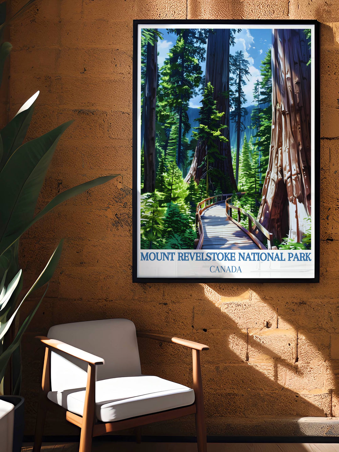 Giant Cedars Boardwalk Trail artwork showcases the stunning landscapes of Canadas Rocky Mountains. This print includes Revelstoke and Banff National Park, perfect for adding a touch of retro charm to your living space.