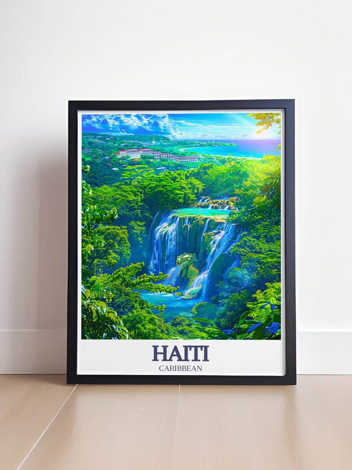 A vibrant poster print showcasing the beauty of Haiti, featuring the serene Bassin Bleu and the picturesque Labadee peninsula. This travel print is perfect for lovers of Caribbean landscapes, bringing the tranquil waters and lush greenery of Haiti into your home decor.