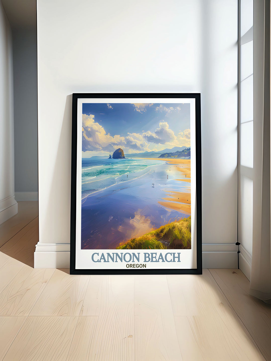 Colorful Cannon Beach wall art featuring a vibrant depiction of the coastal town with intricate details and stunning views perfect for enhancing home decor and adding a touch of coastal charm to any living space
