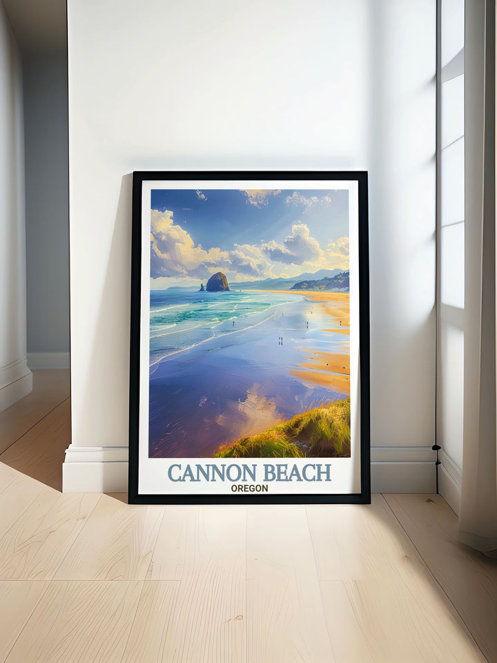 Colorful Cannon Beach wall art featuring a vibrant depiction of the coastal town with intricate details and stunning views perfect for enhancing home decor and adding a touch of coastal charm to any living space