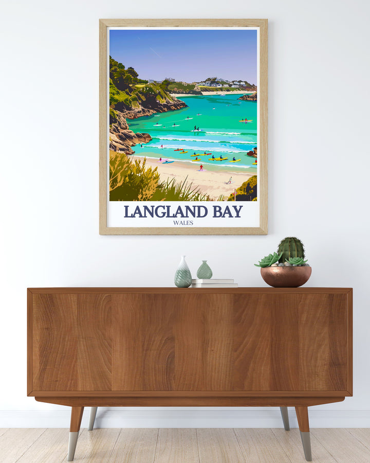 Langland Bay Poster brings to life the charm of the Welsh seaside, with its iconic beach huts and serene coastal views. Perfect for beach lovers, this vintage style travel print adds a touch of the Gower Peninsulas beauty to any home decor.