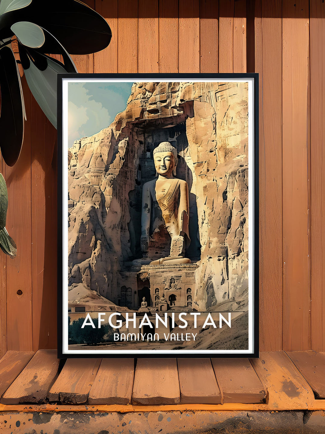 Bamiyan Valley and Buddhas vintage print highlighting the intricate details and vibrant colors of this culturally significant Afghan landmark perfect for sophisticated home decor