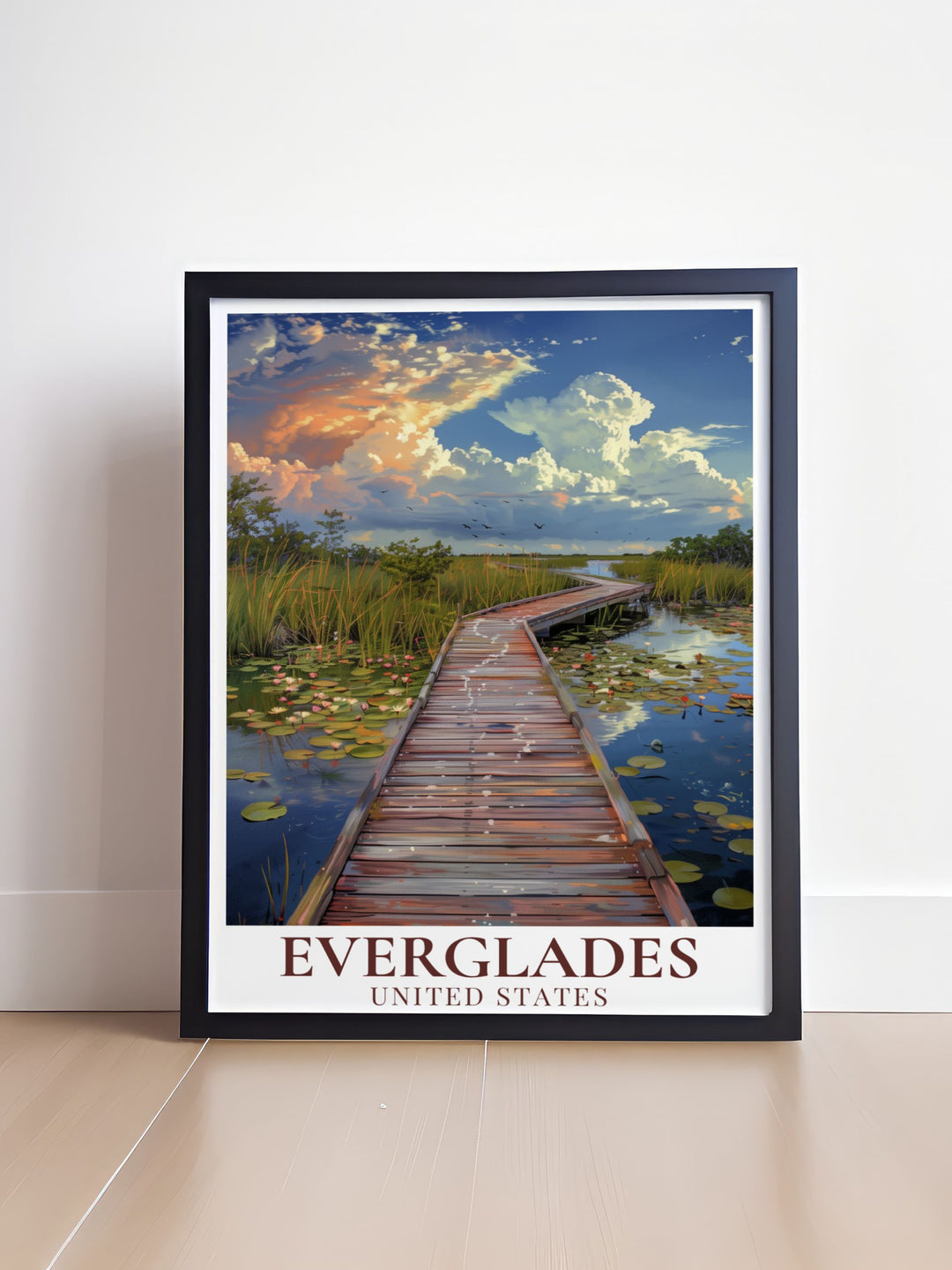 Florida Poster capturing the breathtaking scenery of the Everglades. Perfect for nature enthusiasts and travelers. This print highlights the unique beauty of the National Park and includes the picturesque Anhinga Trail.