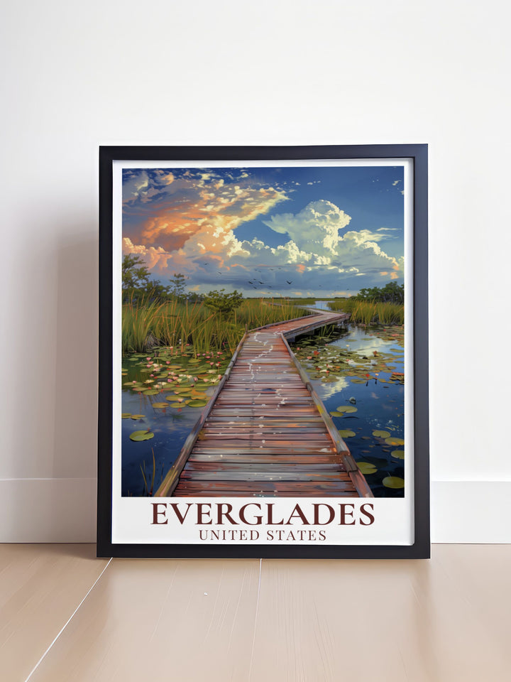 Florida Poster capturing the breathtaking scenery of the Everglades. Perfect for nature enthusiasts and travelers. This print highlights the unique beauty of the National Park and includes the picturesque Anhinga Trail.