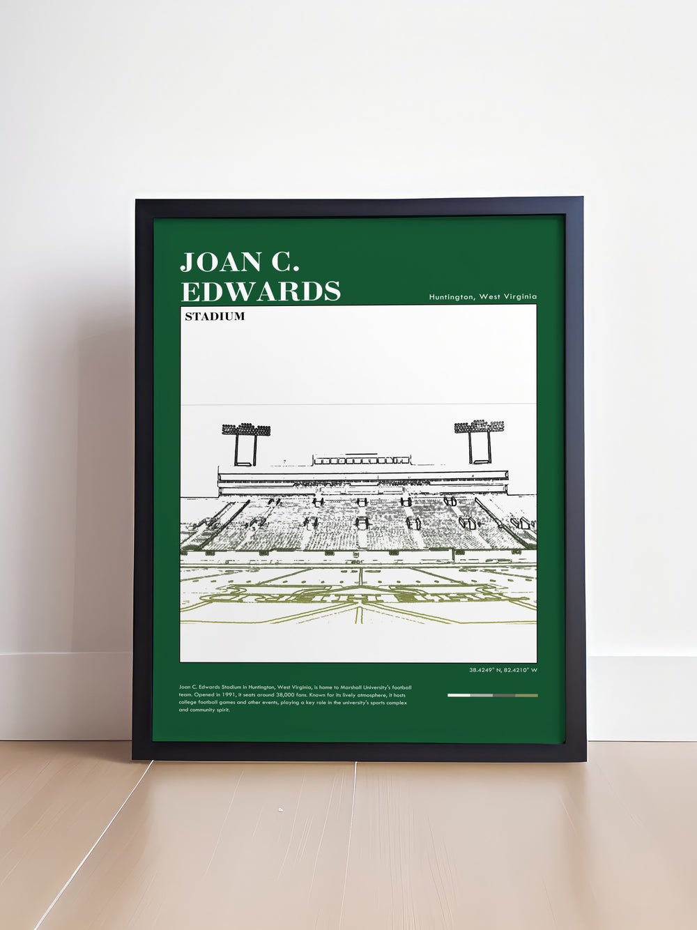 Celebrate Marshall University with this Joan C Edwards Stadium art print. This vibrant Marshall Thundering Herd print captures the excitement of game day and is perfect for dorm decor or as a gift for any fan of NCAA football and American sports.