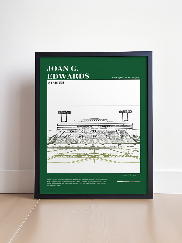 Celebrate Marshall University with this Joan C Edwards Stadium art print. This vibrant Marshall Thundering Herd print captures the excitement of game day and is perfect for dorm decor or as a gift for any fan of NCAA football and American sports.