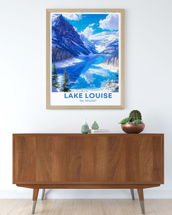 A detailed depiction of Lake Louise, capturing its tranquil environment surrounded by lush forests and mountains, making it a beautiful addition to any home decor.