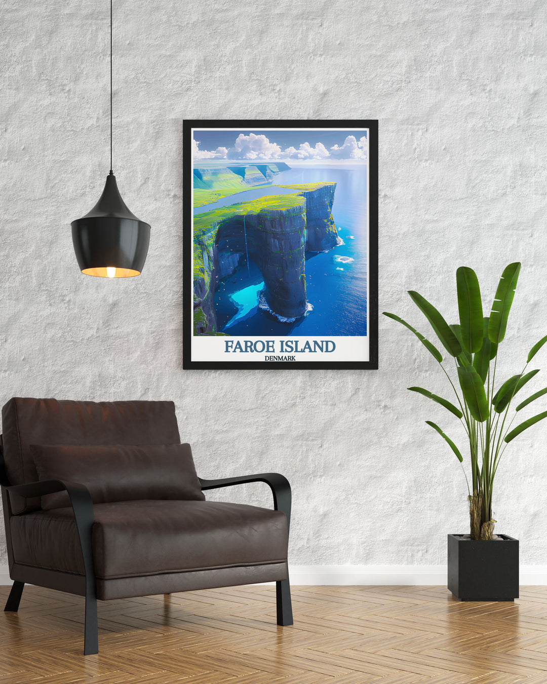 The breathtaking scenery of Sørvágsvatn and the lush landscapes of the Faroe Islands are beautifully illustrated in this poster, celebrating the natural beauty and tranquility of Denmark.