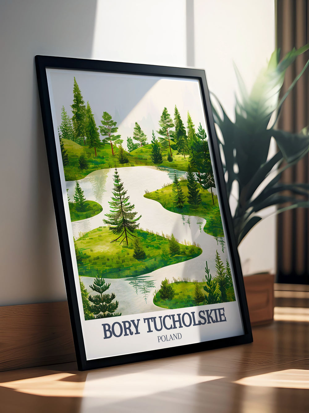 Bory Tucholskie travel posters highlight the majestic Tuchola Forest National Park and Wdzydze Landscape Park. This Poland wall decor is perfect for nature enthusiasts and anyone who loves Poland art with stunning details of forests and lakes.