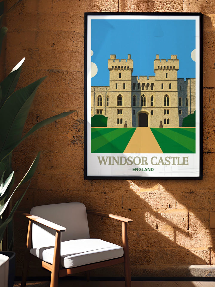 A beautifully detailed poster print of Windsor Castle, highlighting the historic grandeur of one of the UKs most iconic royal residences. This print captures the elegance of Windsors architecture and is perfect for celebrating the Platinum Jubilee or showcasing British history.