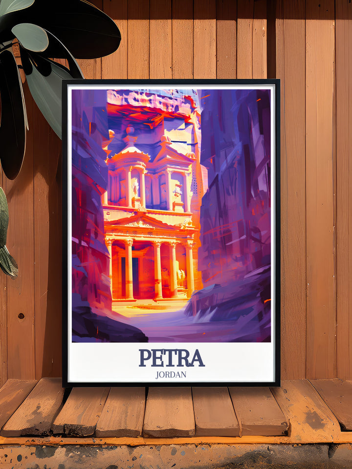 Petra Art Print showcasing the grandeur of The Treasury and the winding Siq. This wall art brings Jordans ancient city into your living space, offering a visual journey through one of the worlds most famous archaeological sites.