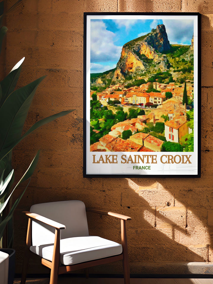 Bring the charm of Provence into your home with this travel poster featuring Lake Sainte Croix and Moustiers Sainte Marie. The artwork highlights the best of both landmarks, ideal for anyone who loves the beauty and tranquility of southern France.