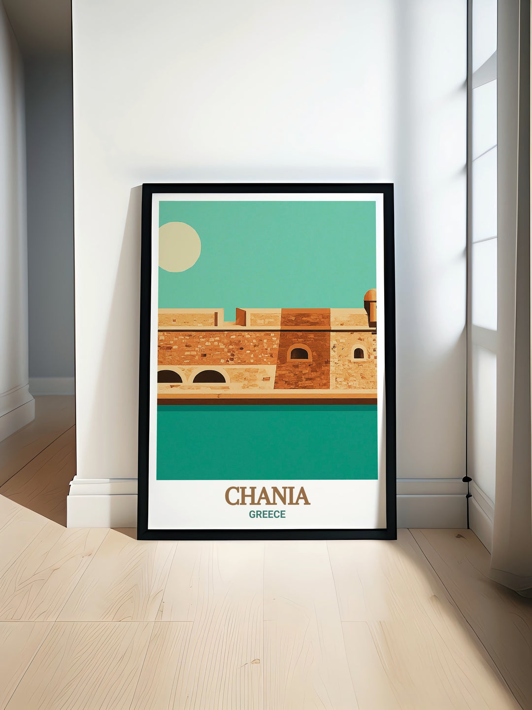 Add a piece of Chanias charm to your home with this elegant art print, showcasing the serene setting of Firkas Fortress. Ideal for enhancing your decor with a touch of Greeces natural and architectural beauty.