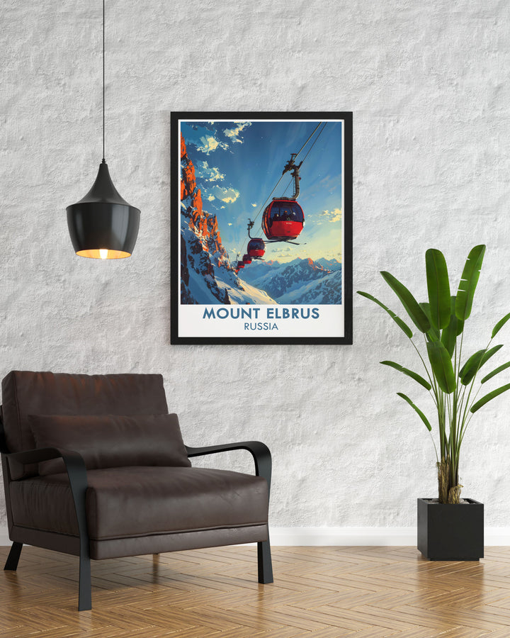 Stunning Mount Elbrus Print capturing the majestic peak in vibrant detail a perfect gift for hikers and adventurers who dream of conquering the Seven Summits cable cars and chair lifts add a modern touch to this vintage travel print