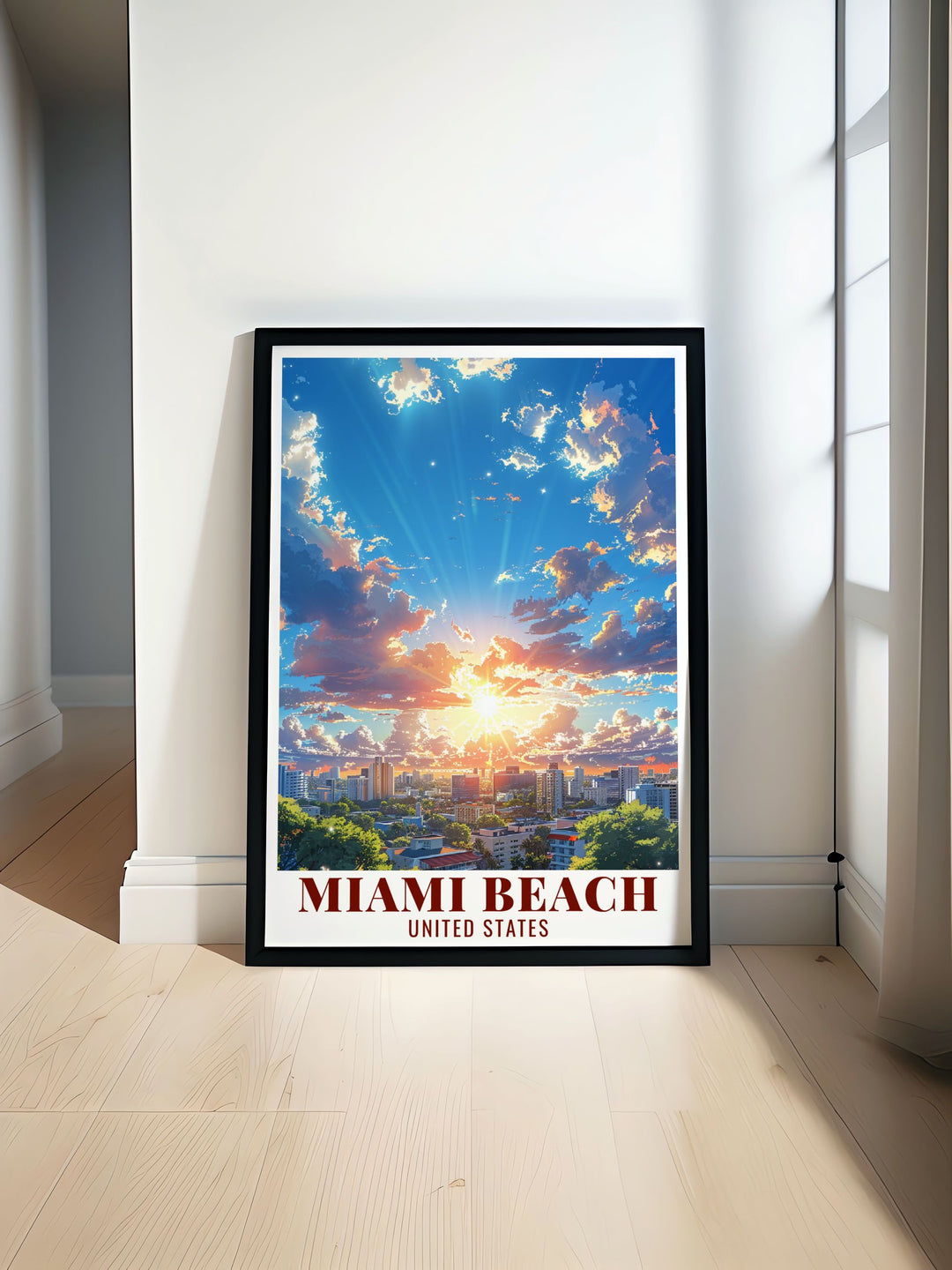 Florida Artwork featuring a vibrant Miami beach city view capturing the lively spirit and energy of Miami Beach perfect for adding a touch of Florida Decor to any space showcasing the citys stunning skyline and beachfront.