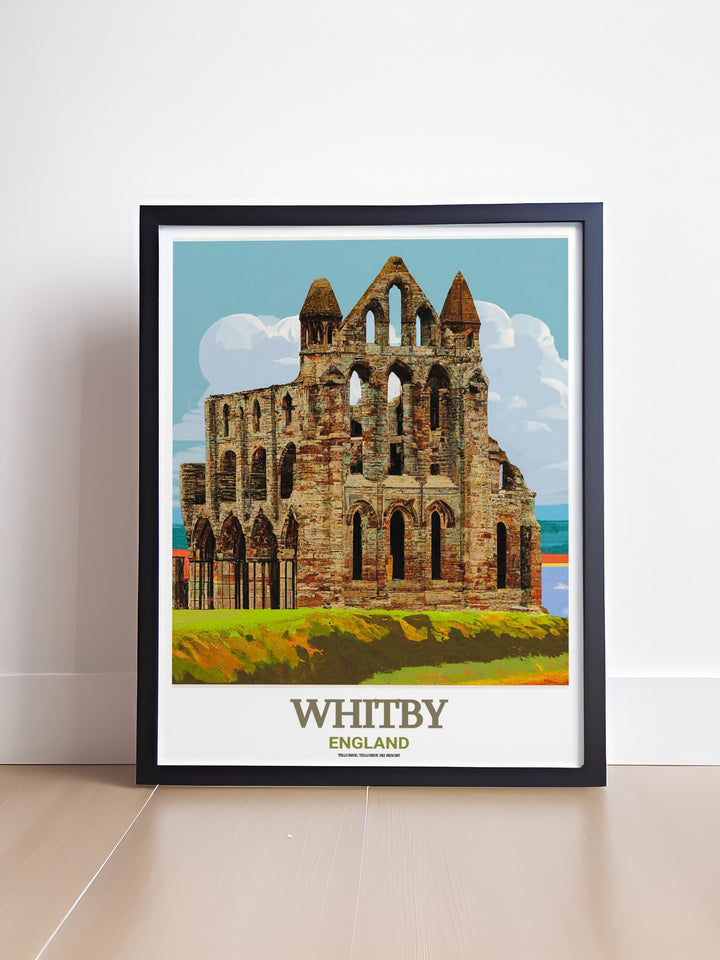 Whitby travel poster featuring the dramatic ruins of Whitby Abbey, a site famous for inspiring classic literature. This piece of wall art makes a thoughtful gift for history buffs and travelers alike.