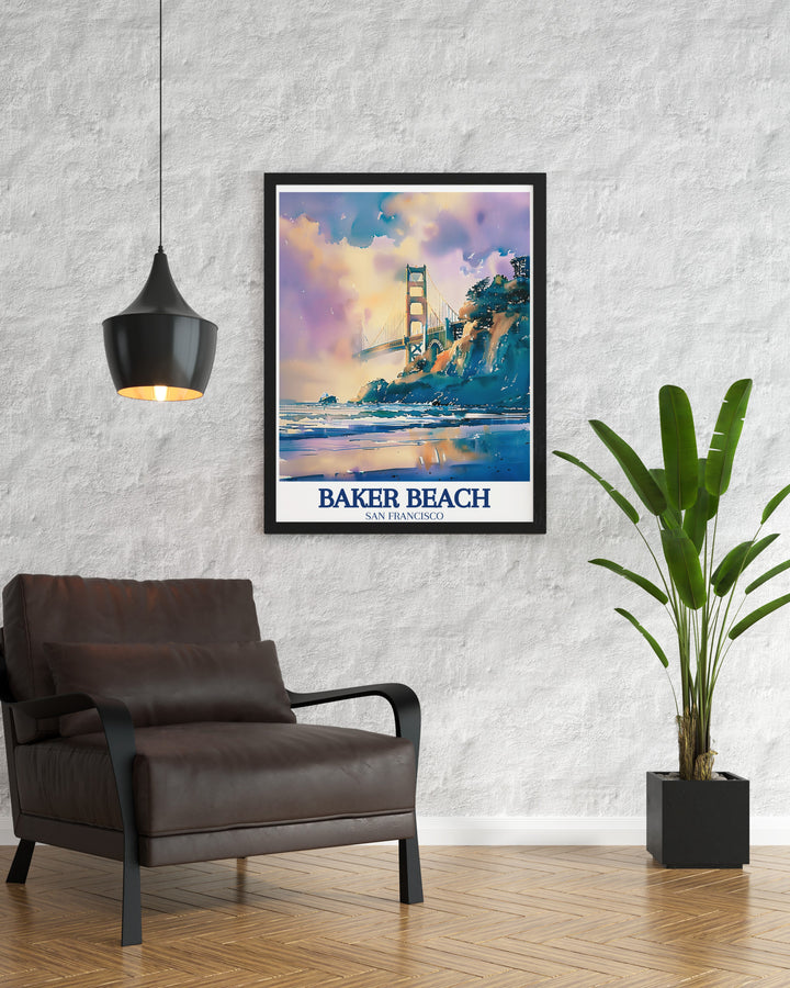 Baker Beach Travel Poster focusing on the serene beauty and iconic landmarks of San Franciscos coastline, including the Golden Gate Bridge and the Pacific Ocean. This custom print captures the essence of Californias coastal allure, making it a standout piece in any decor