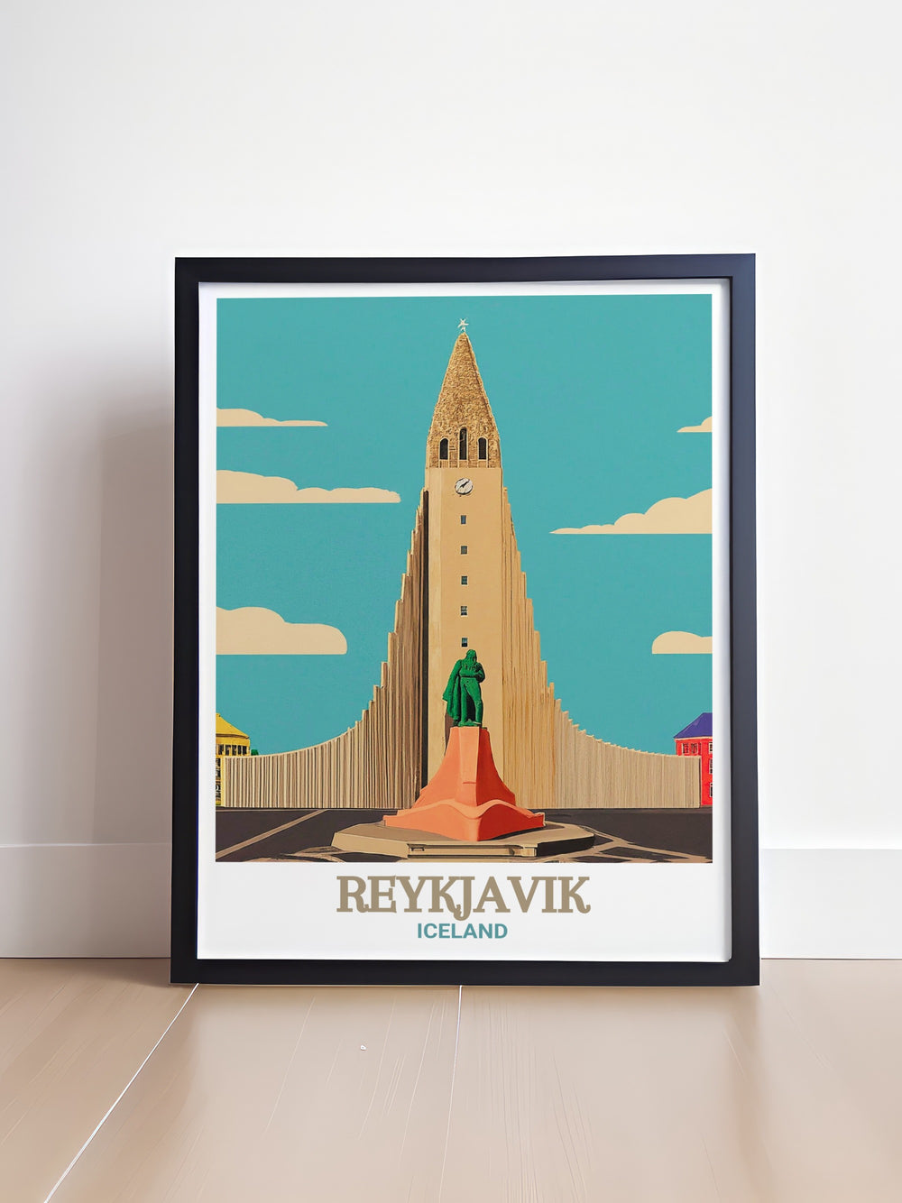 Reykjavik travel print illustrating the stunning Hallgrímskirkja alongside the vibrant energy of the city, offering a perfect blend of modern architecture and cultural heritage. This wall poster is a must have for those who dream of visiting Iceland.