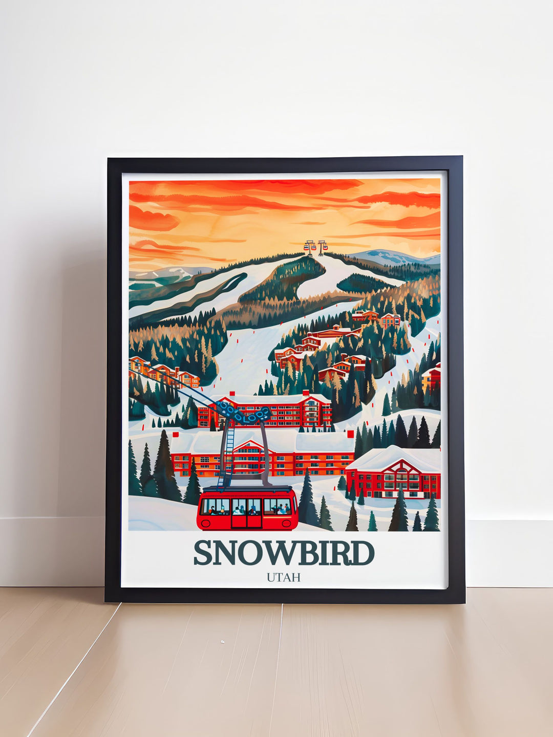 Snowbird Resort Aerial Tram modern decor print showcasing the stunning snow covered scenery of Park City Utah.