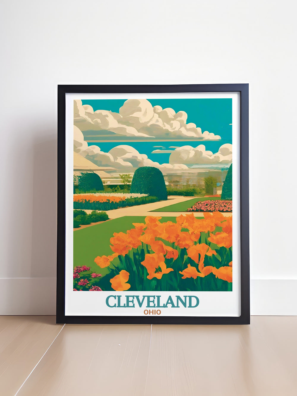 Cleveland Poster Print showcases the peaceful Cleveland Botanical Garden and the citys modern street map in one beautiful piece. This travel print is perfect for those who want to celebrate Clevelands natural and urban beauty in their home.