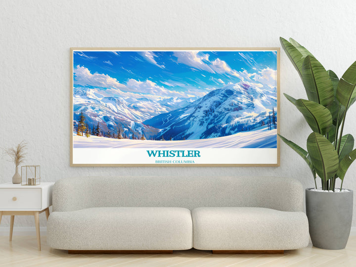 Canvas art depicting the dynamic slopes of Whistler Blackcomb, British Columbia. Featuring the resorts stunning vistas and lively village, this artwork adds a sense of adventure to your home or office.