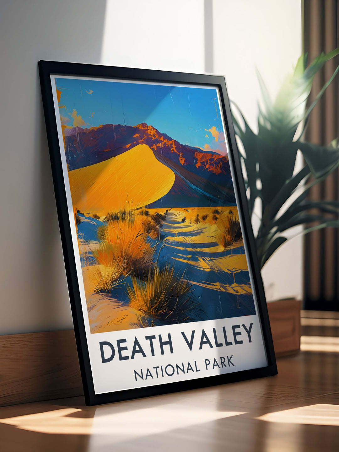 Vintage poster highlighting the stark beauty of Death Valleys desert landscape, featuring the parks iconic sand dunes and rugged terrain.
