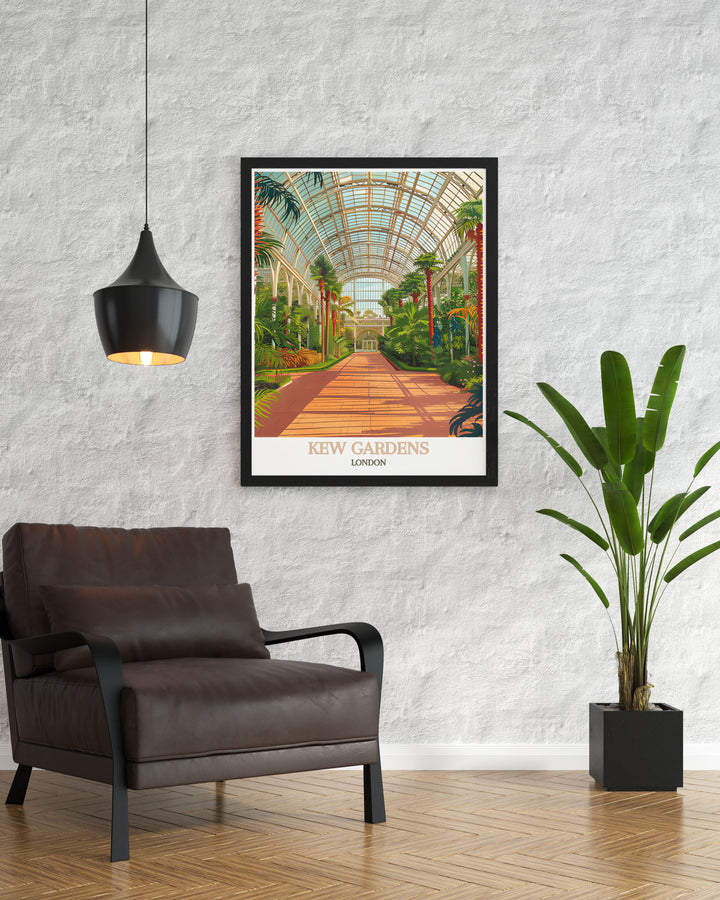 This detailed art print celebrates the natural beauty and diverse plant collections of Kew Gardens, showcasing its serene landscapes. Ideal for garden lovers, this poster brings the breathtaking beauty of Kew Gardens into your decor.