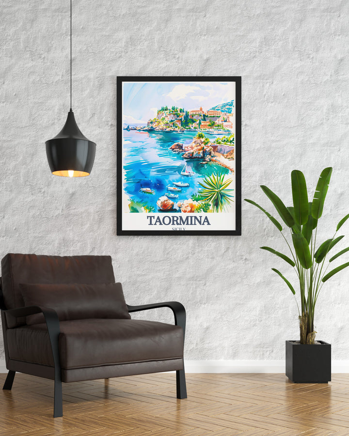 Beautiful Taormina Beach and Isola Bella print for Italy wall decor. This modern artwork highlights the picturesque beauty of Taorminas coastline and the charming Isola Bella.