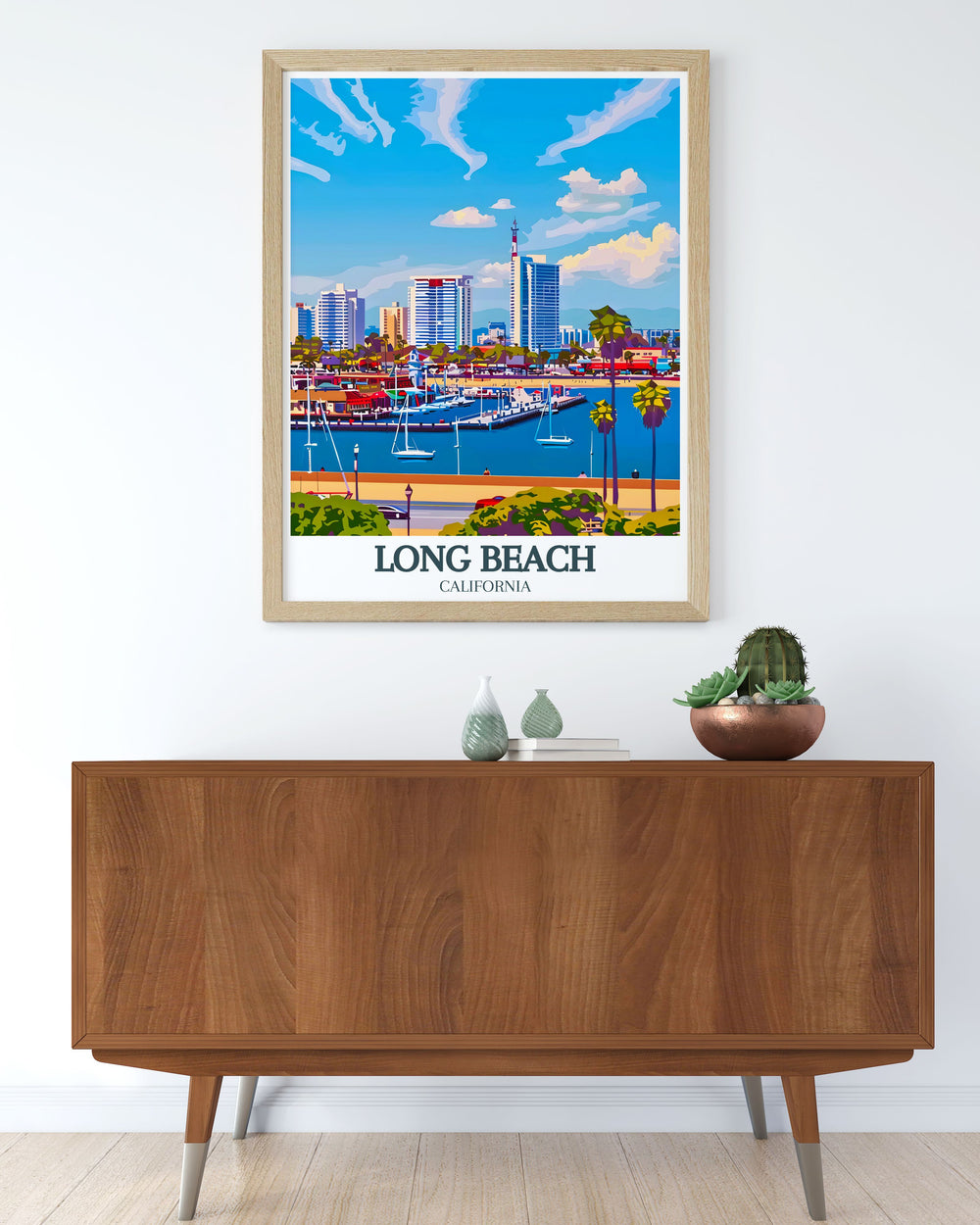 Long Beach Print featuring Belmont Shore Long Beach Downtown offers a bold color palette and modern design. Perfect as wall art or as a personalized gift for those who love the California coast. This travel poster adds elegance to any home or living room decor.