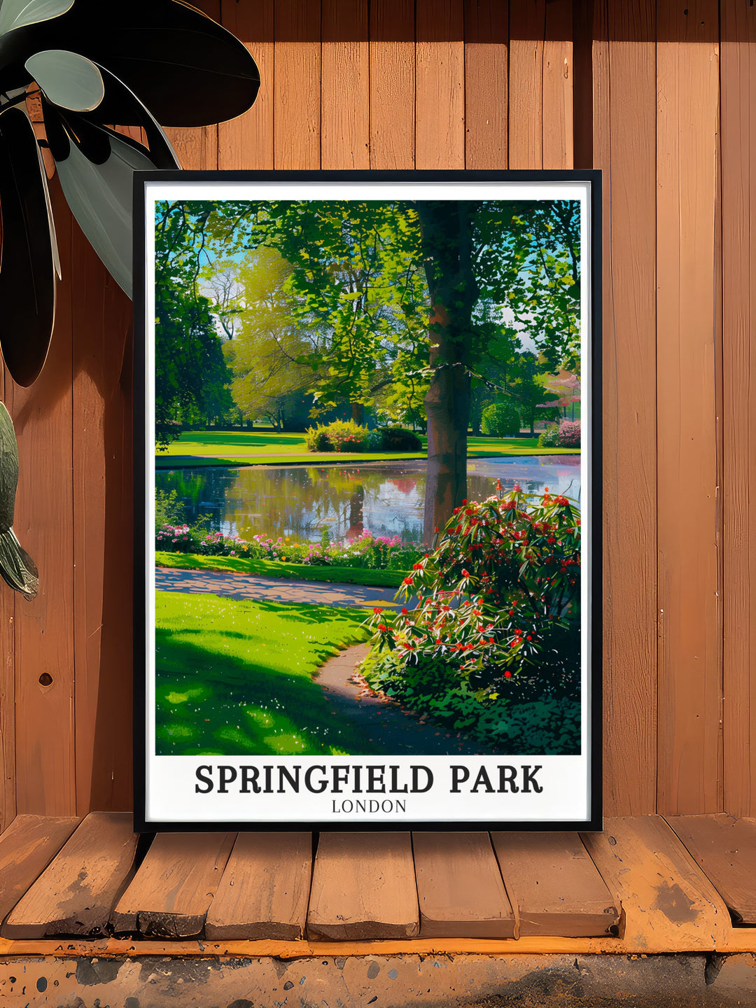 Upper Clapton Print featuring The Pond in Springfield Park framed beautifully by lush greenery and waterways perfect for wall decor that highlights Londons iconic parks and scenic canals a great gift idea for London lovers or nature enthusiasts.