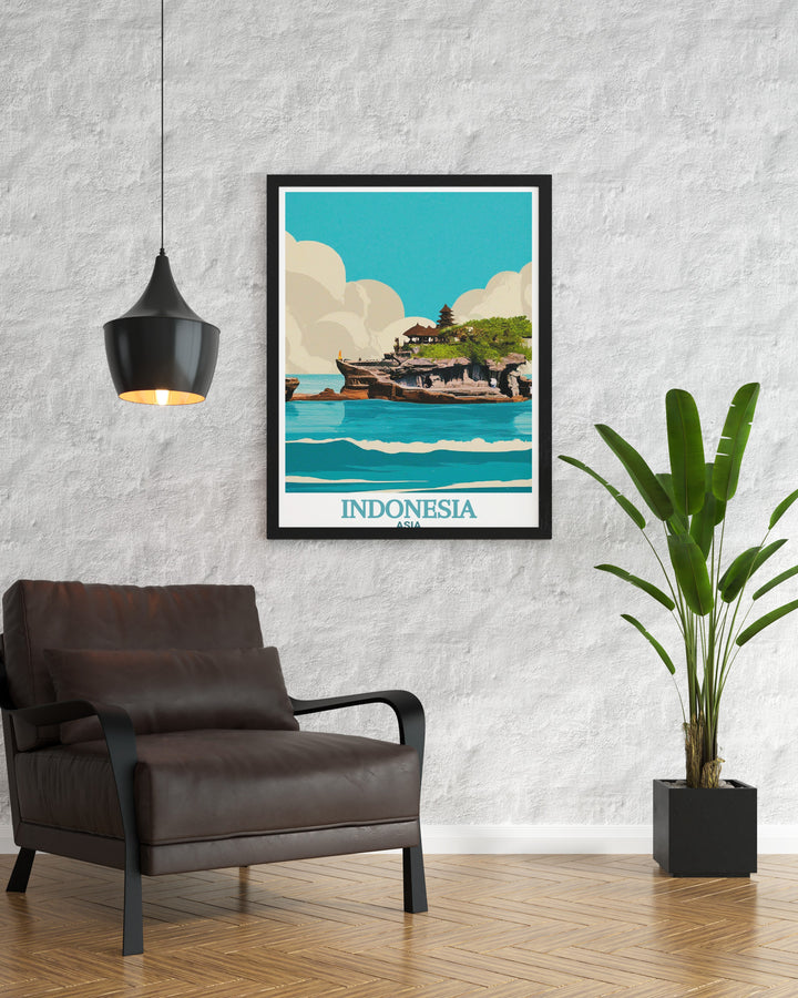 Balis Tanah Lot Temple shines in this detailed travel poster, bringing the beauty and spirituality of Indonesia into your living room. This artwork is ideal for anyone looking to add a piece of Southeast Asian culture to their décor.