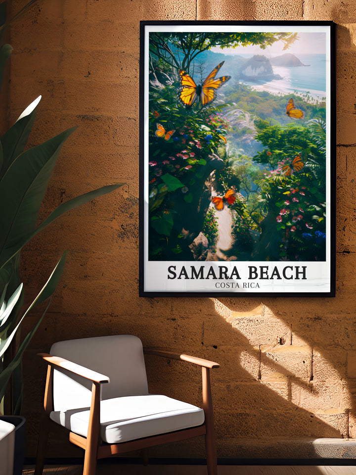 This travel print of Samara Beach showcases Costa Ricas stunning coastlines, including the unique Marino Ballena National Park and the lush Osa Conservation Area. Perfect for coastal home decor or as a gift for adventure enthusiasts.