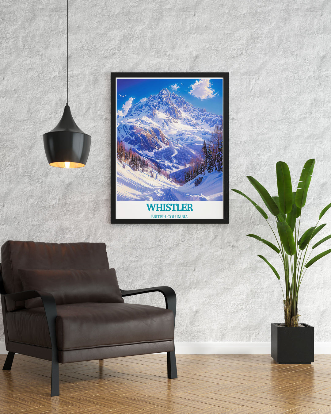 Timeless framed art depicting the serene beauty of Whistler Blackcomb, British Columbia. The vibrant colors and detailed illustrations highlight the resorts majestic views and dynamic terrain, perfect for any room.