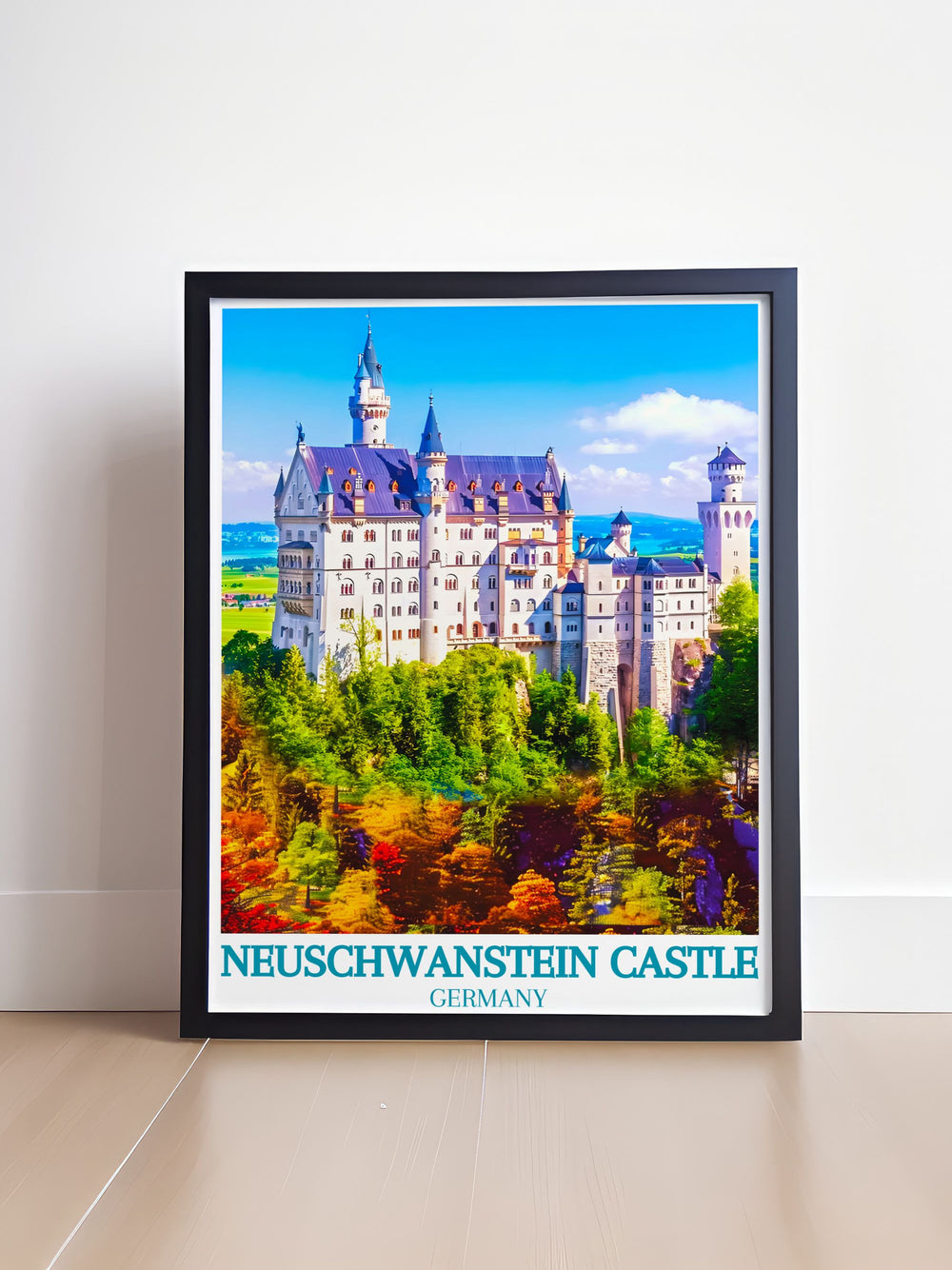 This travel poster of Neuschwanstein Castle highlights the castles fairy tale like appearance and the breathtaking views from Marienbrücke, making it a perfect piece for those who love diverse cultural and architectural landmarks.