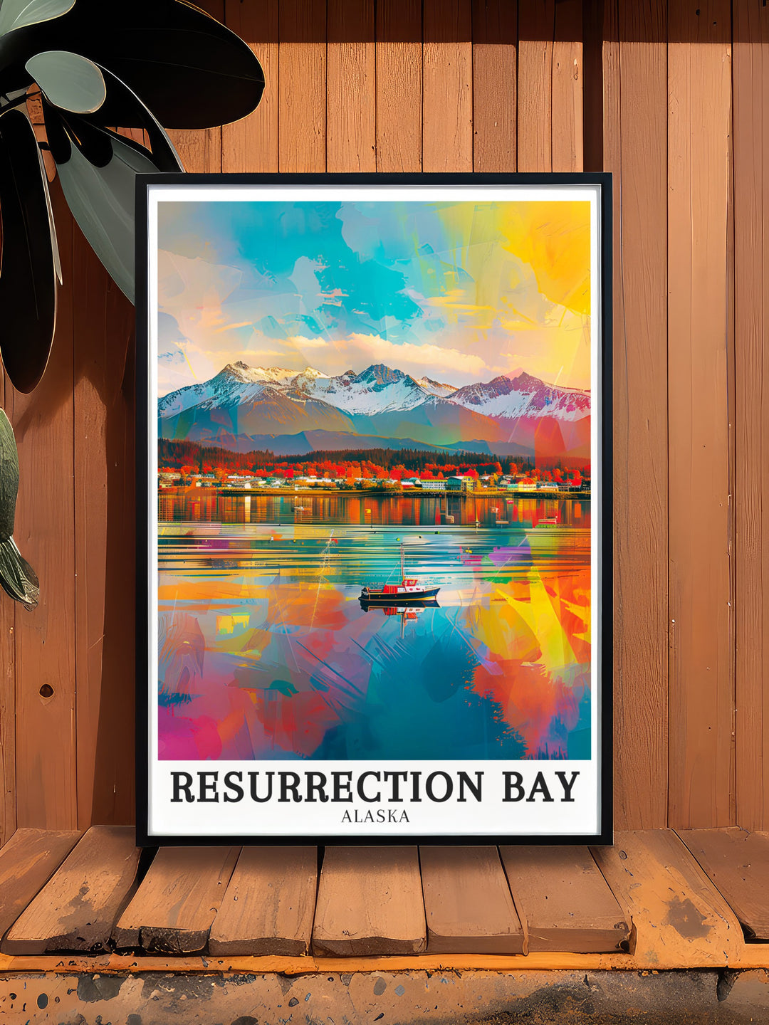 A vivid and detailed Alaska travel poster featuring Resurrection Bay, Seward Town, and the Kenai Peninsula. This art print captures the wild beauty of Alaskas landscapes, perfect for any space in your home.