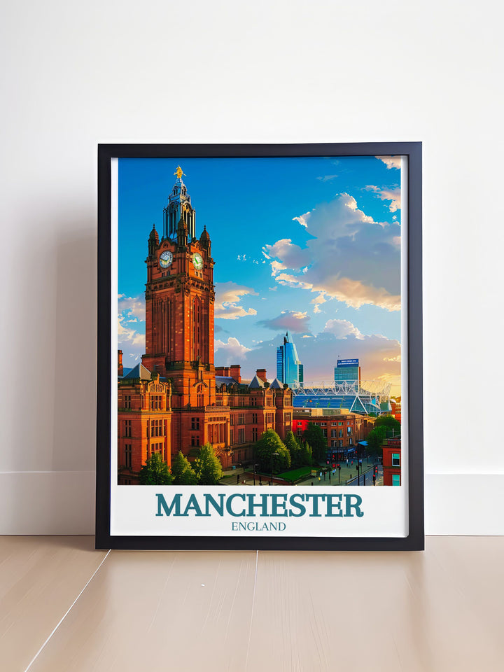 Retro travel poster featuring Manchester town hall and Old Trafford stadium ideal for enhancing home decor with a touch of historical and sporting significance a must have for Manchester enthusiasts.