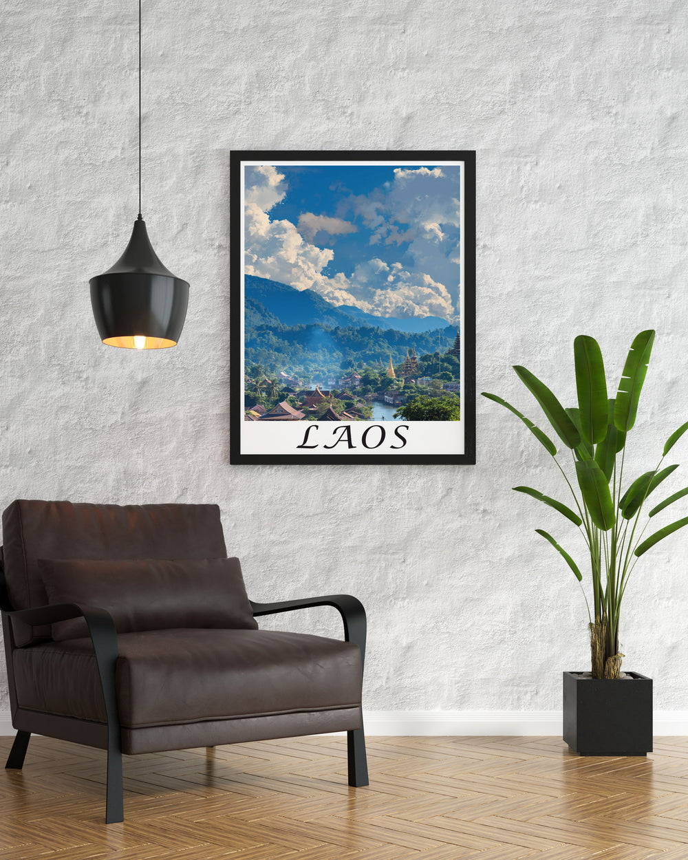 Enhance your wall art with the serene charm of Agios Nikolaos Greece travel print and Luang Prabang stunning prints ideal for creating a sophisticated living room decor and adding a touch of Mediterranean and cultural mystique to your home