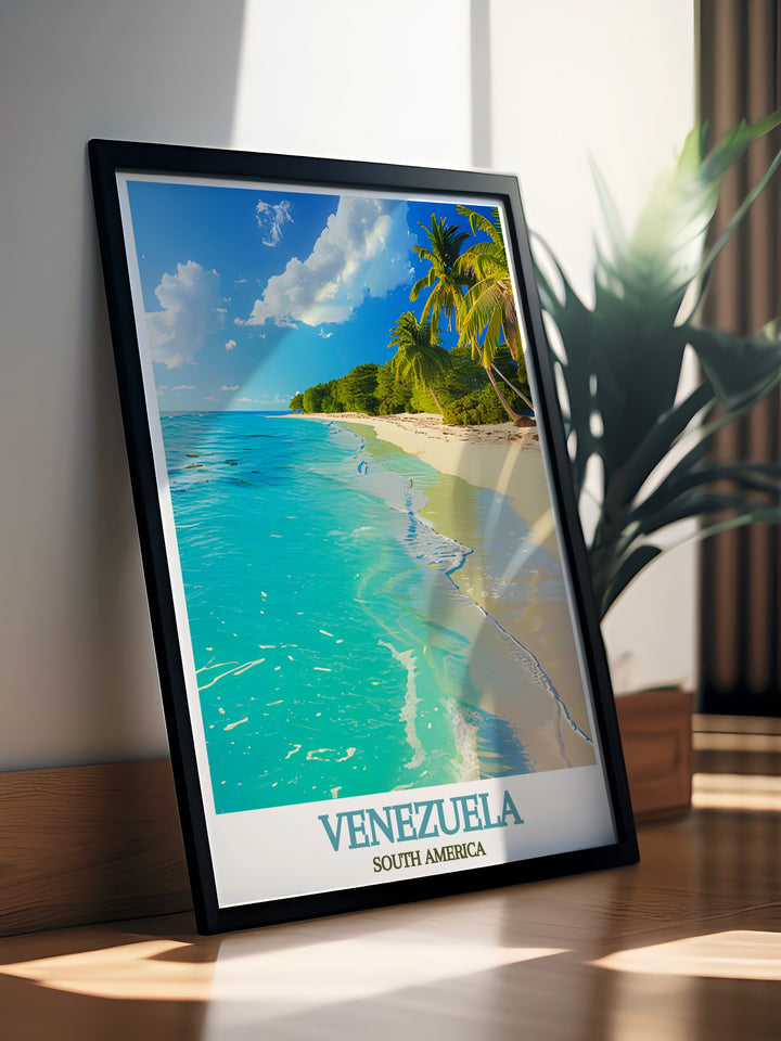 Morrocoy National Park modern print paired with an Angel Falls poster brings a beautiful combination of Venezuelas iconic destinations into your home as framed wall art or elegant decor for any space adding a touch of adventure and relaxation