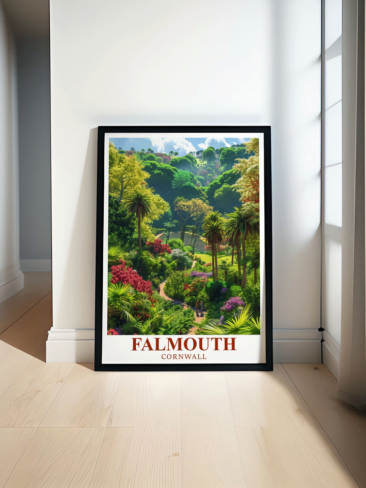 Trebah Garden travel poster showcasing the lush landscapes and vibrant flora of Falmouth, Cornwall. This beautiful print captures the essence of Trebah Garden, making it a perfect addition to any home decor.
