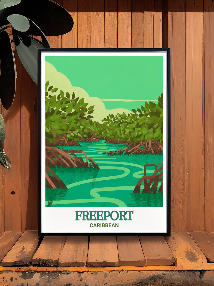 Showcasing Freeports rich culture and Lucayan National Parks natural beauty, this poster offers a perfect blend of urban energy and serene landscapes for your home decor.